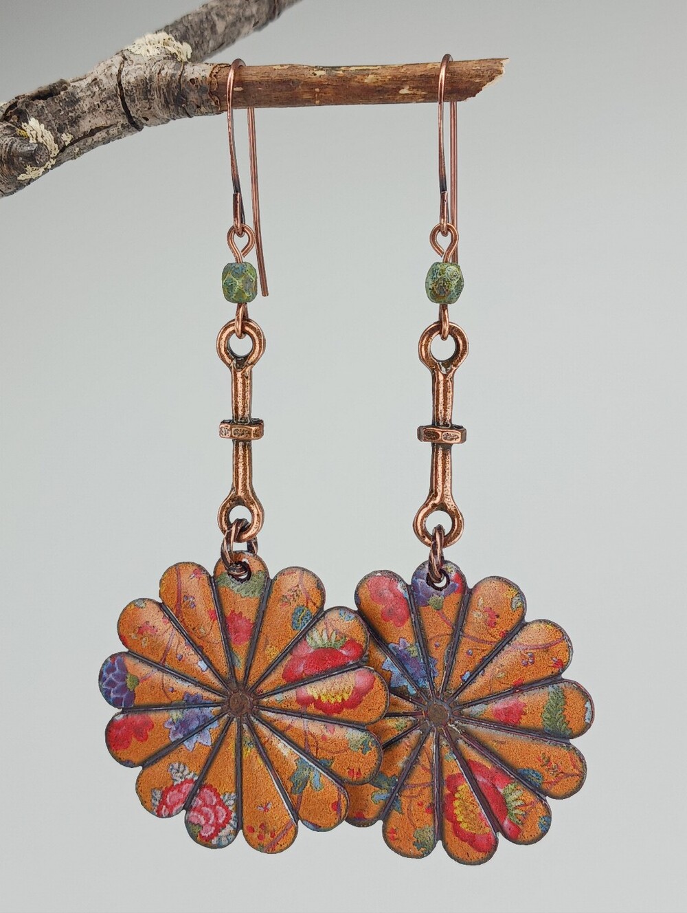 Burnt Orange Floral Earrings Antiqued Copper Green Glass Hand Crafted - Picture 2 of 6